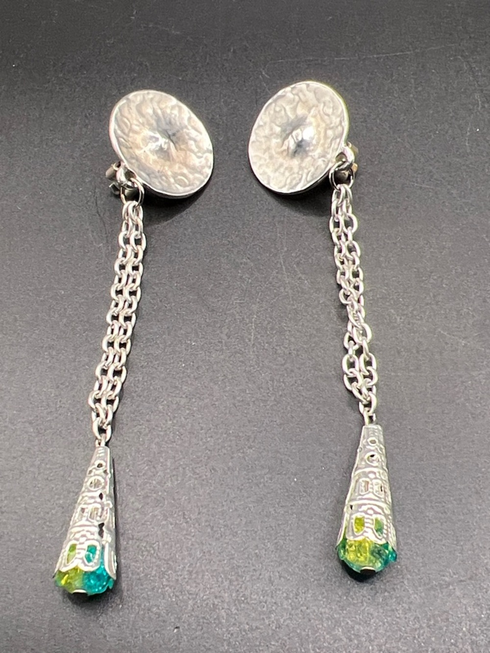 Vintage Silver Tone Drop Earrings with Green and Teal Accents